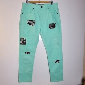 Southpole NWT Turquoise / Teal Distressed patch carrot fit jeans Size 34x32